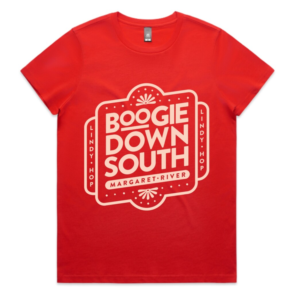 Tshirt in the red colour, "fire" with the Boogie Down South logo on it.